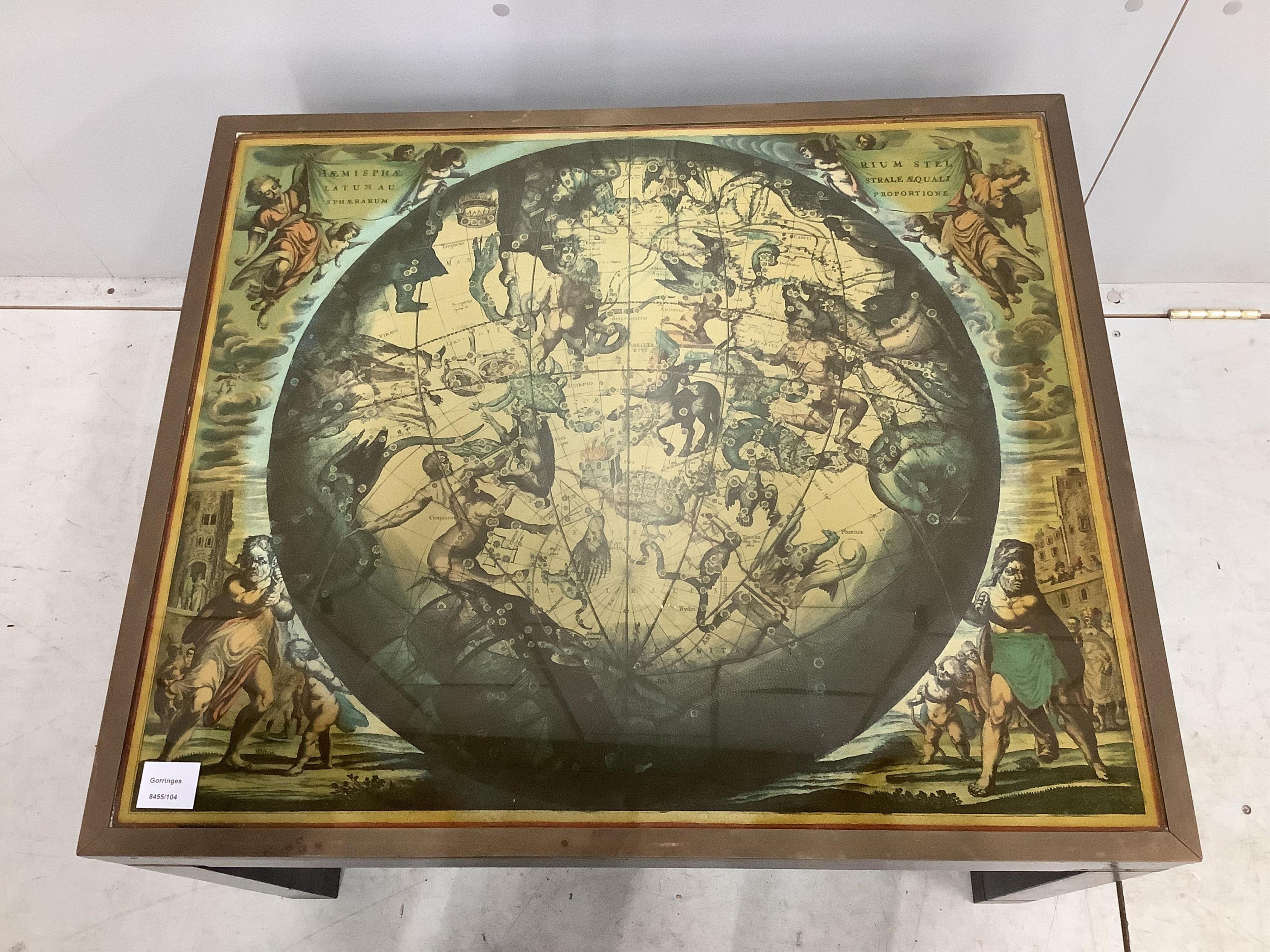 A military style brass bound mahogany coffee table, the top inset with a celestial chart, width 76cm, depth 64cm, height 46cm. Condition - fair